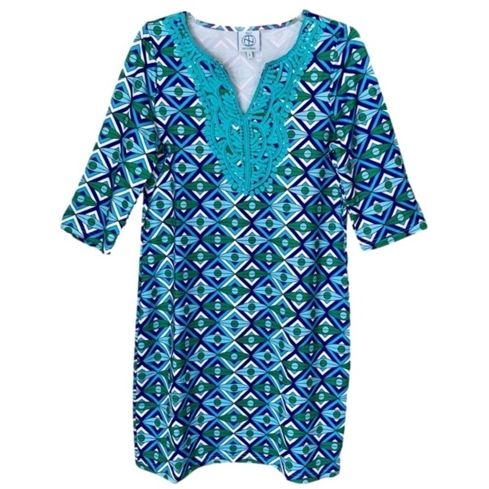TRACEY NEGOSHIAN Shift Dress Embroidered V Neck Geometric Blue Green Women S